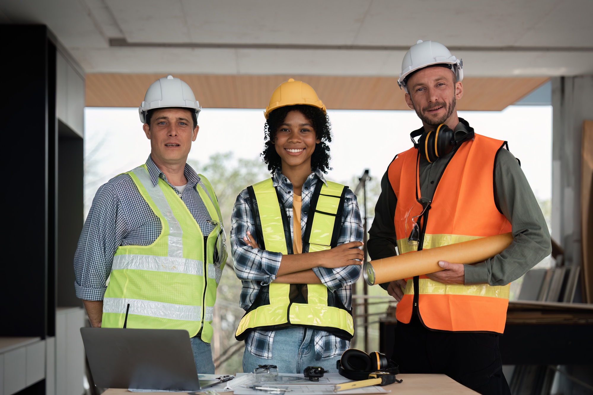 Team engineer with construction and project blueprint. building plans building and diversity of